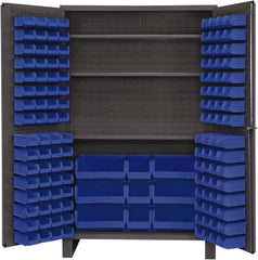 Durham - 3 Shelf 137 Bin Storage Cabinet - Steel, 48" Wide x 24" Deep x 78" High, Blue - Exact Tooling
