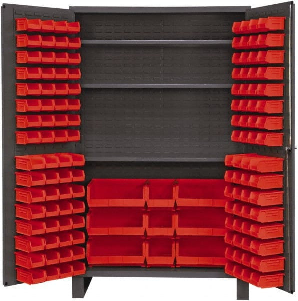 Durham - 3 Shelf 137 Bin Storage Cabinet - Steel, 48" Wide x 24" Deep x 78" High, Red - Exact Tooling