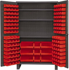 Durham - 3 Shelf 137 Bin Storage Cabinet - Steel, 48" Wide x 24" Deep x 78" High, Red - Exact Tooling