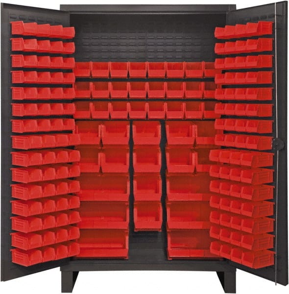 Durham - 162 Bin Storage Cabinet - Steel, 48" Wide x 24" Deep x 78" High, Red - Exact Tooling