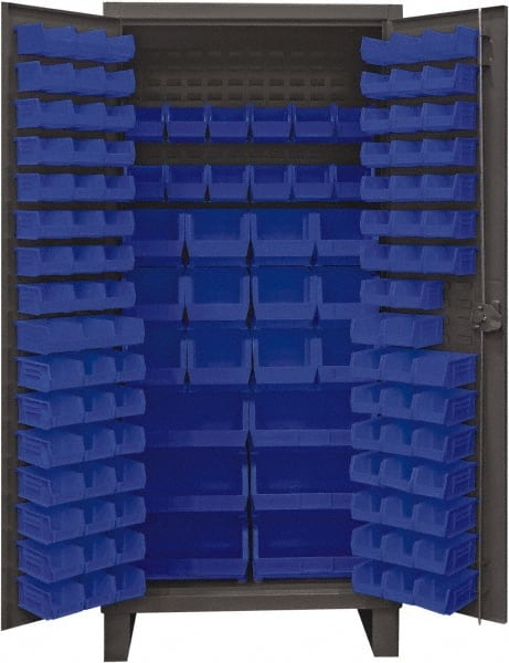 Durham - 126 Bin Storage Cabinet - Steel, 36" Wide x 24" Deep x 78" High, Blue - Exact Tooling
