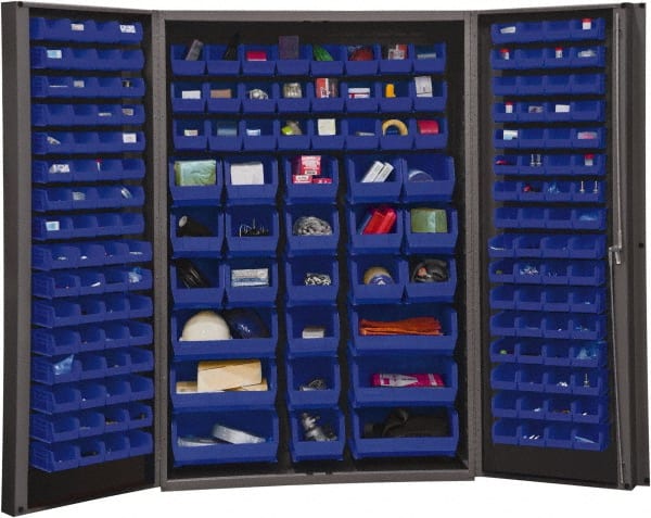 Durham - 176 Bin Storage Cabinet - Steel, 48" Wide x 24" Deep x 72" High, Blue - Exact Tooling
