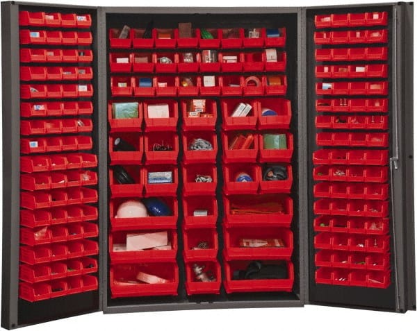 Durham - 176 Bin Storage Cabinet - Steel, 48" Wide x 24" Deep x 72" High, Red - Exact Tooling