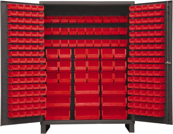 Durham - 227 Bin Storage Cabinet - Steel, 60" Wide x 24" Deep x 84" High, Red - Exact Tooling
