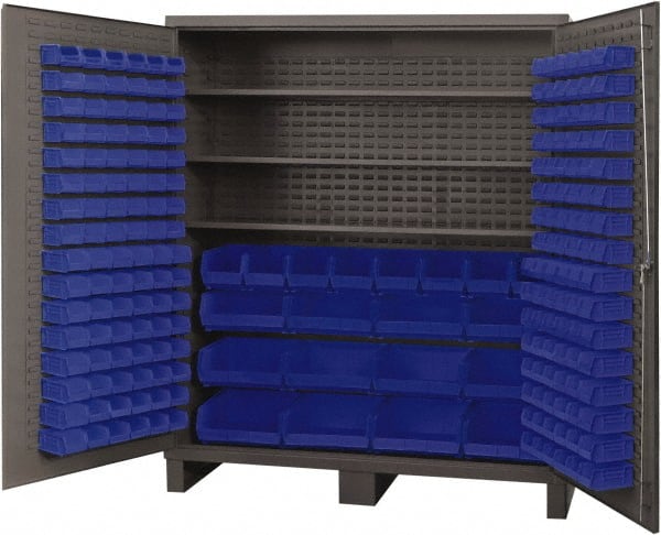 Durham - 3 Shelf 212 Bin Storage Cabinet - Steel, 72" Wide x 24" Deep x 84" High, Blue - Exact Tooling