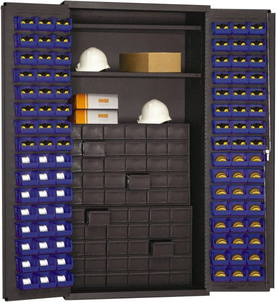 Durham - 2 Shelf 96 Bin Storage Cabinet - Steel, 36" Wide x 24" Deep x 72" High, Blue - Exact Tooling