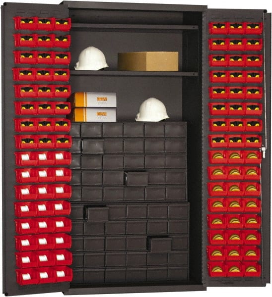 Durham - 2 Shelf 96 Bin Storage Cabinet - Steel, 36" Wide x 24" Deep x 72" High, Red - Exact Tooling