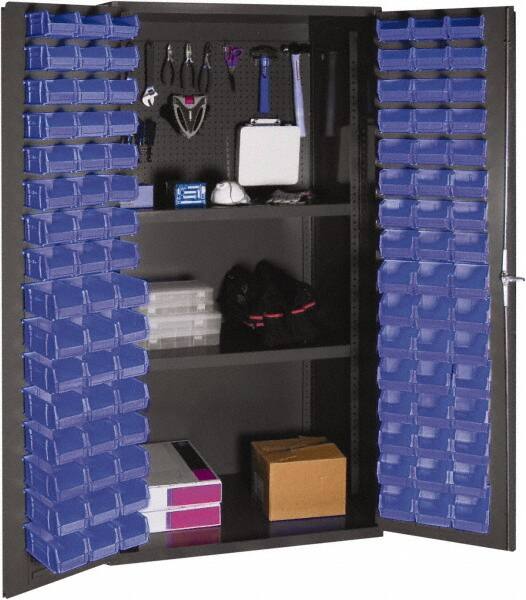 Durham - 2 Shelf 96 Bin Storage Cabinet - Steel, 36" Wide x 24" Deep x 72" High, Blue - Exact Tooling