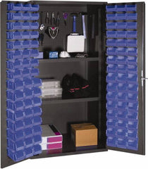 Durham - 2 Shelf 96 Bin Storage Cabinet - Steel, 36" Wide x 24" Deep x 72" High, Blue - Exact Tooling