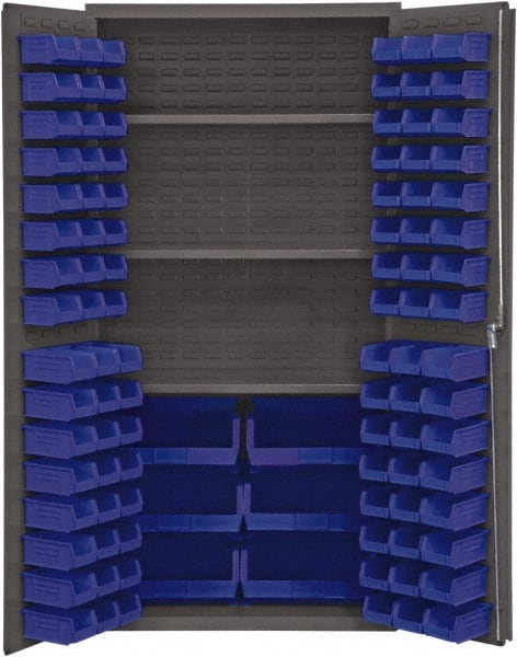 Durham - 3 Shelf 102 Bin Storage Cabinet - Steel, 36" Wide x 24" Deep x 72" High, Blue - Exact Tooling