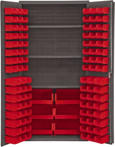 Durham - 3 Shelf 102 Bin Storage Cabinet - Steel, 36" Wide x 24" Deep x 72" High, Red - Exact Tooling
