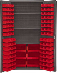 Durham - 3 Shelf 102 Bin Storage Cabinet - Steel, 36" Wide x 24" Deep x 72" High, Red - Exact Tooling
