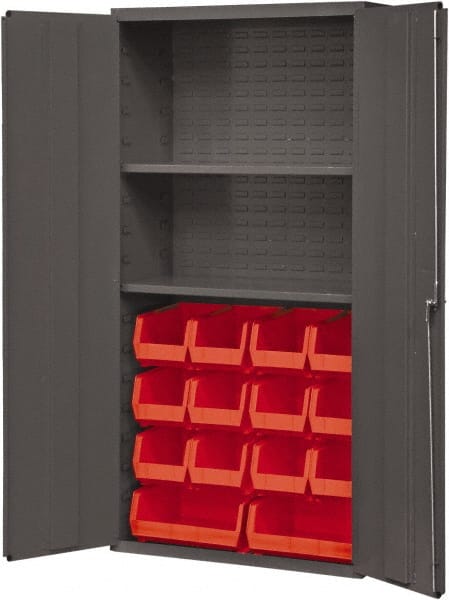 Durham - 2 Shelf 14 Bin Storage Cabinet - Steel, 36" Wide x 18" Deep x 72" High, Red - Exact Tooling