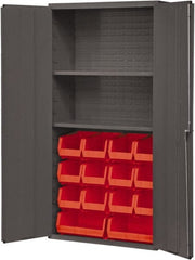 Durham - 2 Shelf 14 Bin Storage Cabinet - Steel, 36" Wide x 18" Deep x 72" High, Red - Exact Tooling