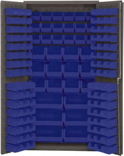 Durham - 132 Bin Storage Cabinet - Steel, 36" Wide x 24" Deep x 72" High, Blue - Exact Tooling