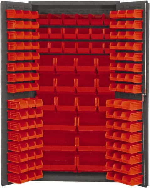 Durham - 132 Bin Storage Cabinet - Steel, 36" Wide x 24" Deep x 72" High, Red - Exact Tooling