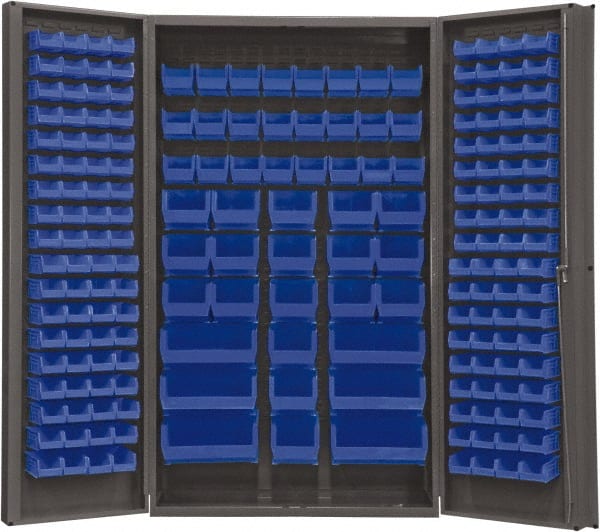 Durham - 192 Bin Storage Cabinet - Steel, 48" Wide x 24" Deep x 84" High, Blue - Exact Tooling