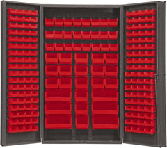 Durham - 192 Bin Storage Cabinet - Steel, 48" Wide x 24" Deep x 84" High, Red - Exact Tooling