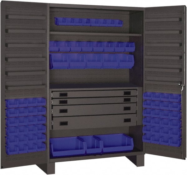 Durham - 2 Shelf 72 Bin Storage Cabinet - Steel, 48" Wide x 24" Deep x 78" High, Blue - Exact Tooling