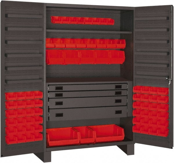 Durham - 2 Shelf 72 Bin Storage Cabinet - Steel, 48" Wide x 24" Deep x 78" High, Red - Exact Tooling