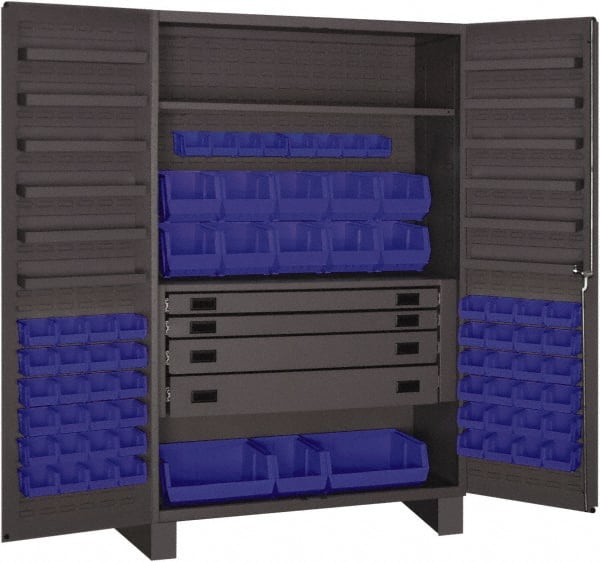 Durham - 2 Shelf 69 Bin Storage Cabinet - Steel, 48" Wide x 24" Deep x 78" High, Blue - Exact Tooling