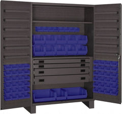 Durham - 2 Shelf 69 Bin Storage Cabinet - Steel, 48" Wide x 24" Deep x 78" High, Blue - Exact Tooling