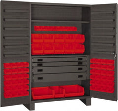 Durham - 2 Shelf 69 Bin Storage Cabinet - Steel, 48" Wide x 24" Deep x 78" High, Red - Exact Tooling