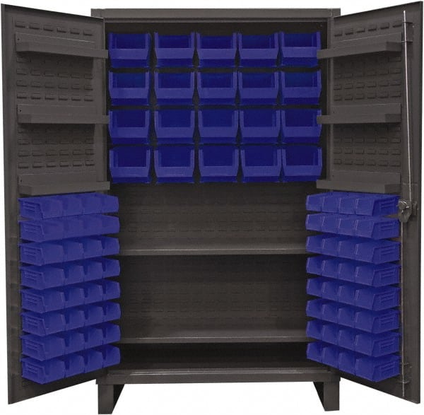 Durham - 2 Shelf 84 Bin Storage Cabinet - Steel, 48" Wide x 24" Deep x 78" High, Blue - Exact Tooling