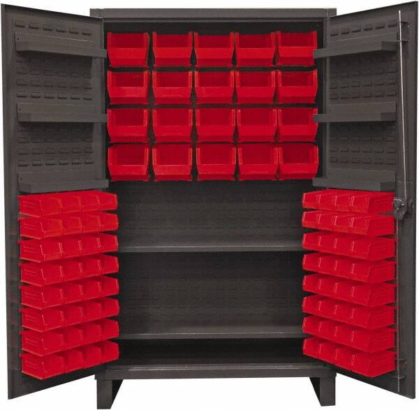 Durham - 2 Shelf 84 Bin Storage Cabinet - Steel, 48" Wide x 24" Deep x 78" High, Red - Exact Tooling