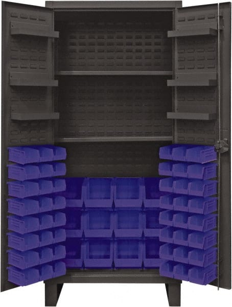 Durham - 2 Shelf 60 Bin Storage Cabinet - Steel, 36" Wide x 24" Deep x 78" High, Blue - Exact Tooling