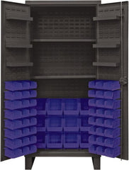 Durham - 2 Shelf 60 Bin Storage Cabinet - Steel, 36" Wide x 24" Deep x 78" High, Blue - Exact Tooling
