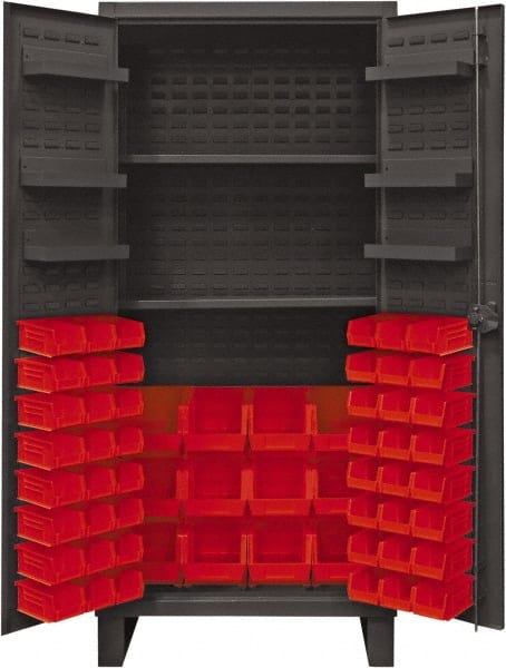 Durham - 2 Shelf 60 Bin Storage Cabinet - Steel, 36" Wide x 24" Deep x 78" High, Red - Exact Tooling