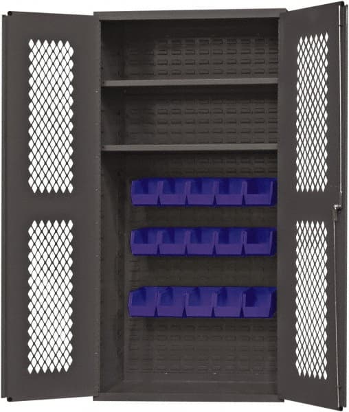 Durham - 2 Shelf 15 Bin Storage Cabinet - Steel, 36" Wide x 24" Deep x 72" High, Blue - Exact Tooling