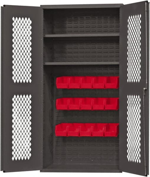 Durham - 2 Shelf 15 Bin Storage Cabinet - Steel, 36" Wide x 24" Deep x 72" High, Red - Exact Tooling