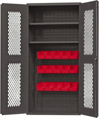 Durham - 2 Shelf 15 Bin Storage Cabinet - Steel, 36" Wide x 24" Deep x 72" High, Red - Exact Tooling