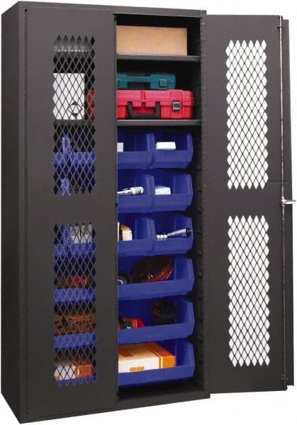 Durham - 2 Shelf 15 Bin Storage Cabinet - Steel, 36" Wide x 18" Deep x 72" High, Blue - Exact Tooling