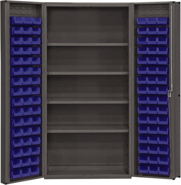 Durham - 4 Shelf 96 Bin Storage Cabinet - Steel, 36" Wide x 24" Deep x 72" High, Blue - Exact Tooling