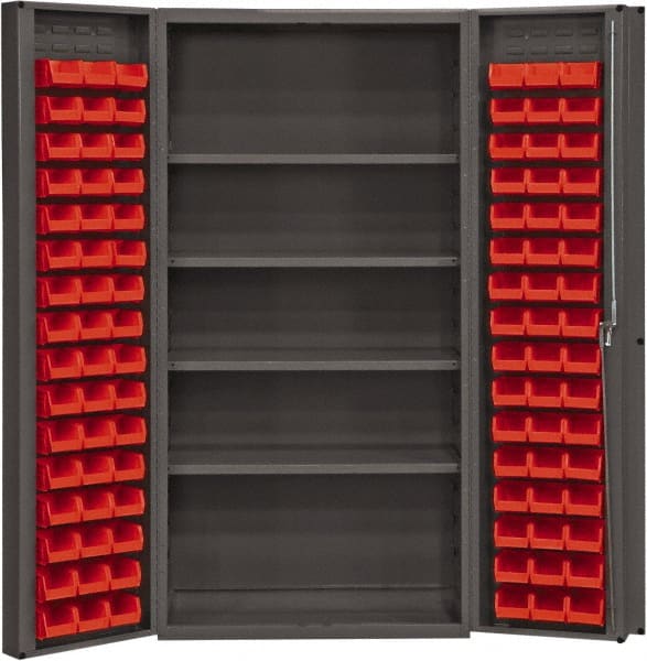 Durham - 4 Shelf 96 Bin Storage Cabinet - Steel, 36" Wide x 24" Deep x 72" High, Red - Exact Tooling
