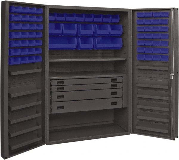 Durham - 2 Shelf 72 Bin Storage Cabinet - Steel, 48" Wide x 24" Deep x 72" High, Blue - Exact Tooling
