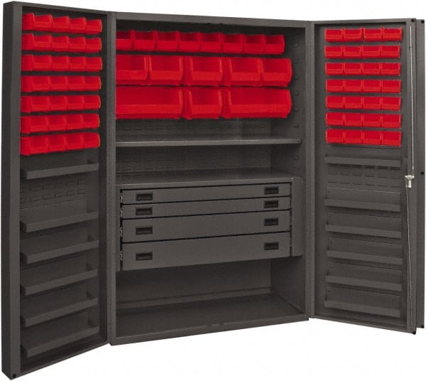 Durham - 2 Shelf 72 Bin Storage Cabinet - Steel, 48" Wide x 24" Deep x 72" High, Red - Exact Tooling