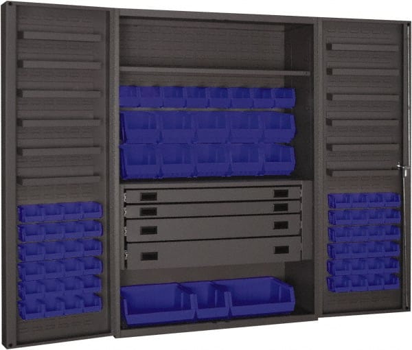Durham - 2 Shelf 69 Bin Storage Cabinet - Steel, 48" Wide x 24" Deep x 72" High, Blue - Exact Tooling