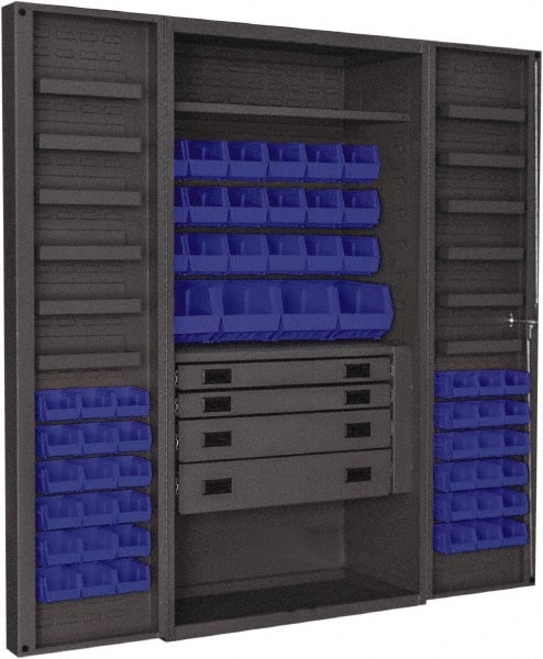 Durham - 2 Shelf 58 Bin Storage Cabinet - Steel, 36" Wide x 24" Deep x 72" High, Blue - Exact Tooling