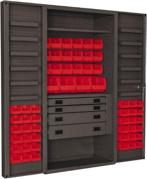 Durham - 2 Shelf 58 Bin Storage Cabinet - Steel, 36" Wide x 24" Deep x 72" High, Red - Exact Tooling