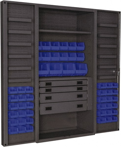 Durham - 2 Shelf 52 Bin Storage Cabinet - Steel, 36" Wide x 24" Deep x 72" High, Blue - Exact Tooling