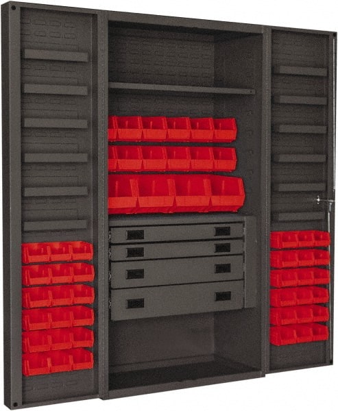 Durham - 2 Shelf 52 Bin Storage Cabinet - Steel, 36" Wide x 24" Deep x 72" High, Red - Exact Tooling
