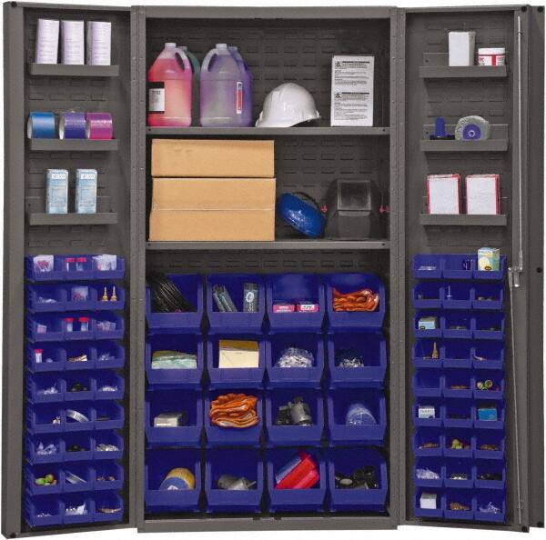 Durham - 2 Shelf 64 Bin Storage Cabinet - Steel, 36" Wide x 24" Deep x 72" High, Blue - Exact Tooling