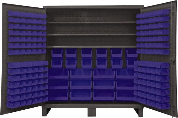 Durham - 3 Shelf 192 Bin Storage Cabinet - Steel, 72" Wide x 24" Deep x 78" High, Blue - Exact Tooling
