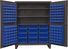 Durham - 3 Shelf 156 Bin Storage Cabinet - Steel, 60" Wide x 24" Deep x 78" High, Blue - Exact Tooling
