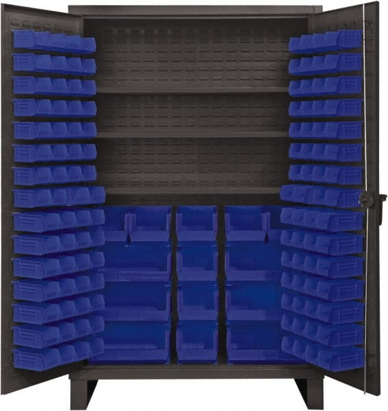 Durham - 3 Shelf 134 Bin Storage Cabinet - Steel, 48" Wide x 24" Deep x 78" High, Blue - Exact Tooling