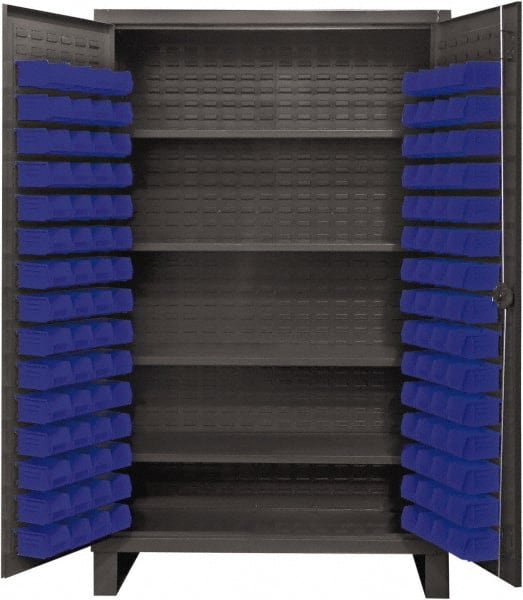 Durham - 4 Shelf 120 Bin Storage Cabinet - Steel, 48" Wide x 24" Deep x 78" High, Blue - Exact Tooling